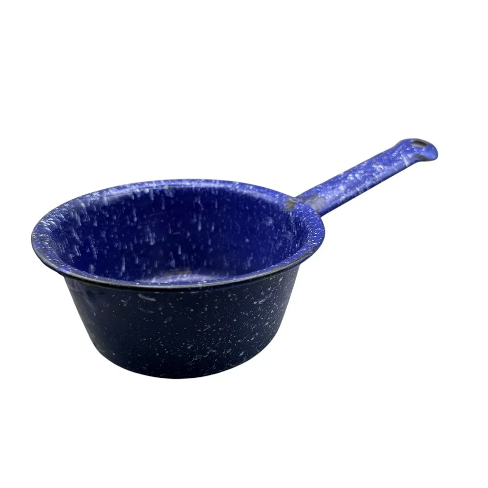 Vintage Blue Speckled Enamelware Dipper Ladle Farmhouse Graniteware Pot 6.5 Inch